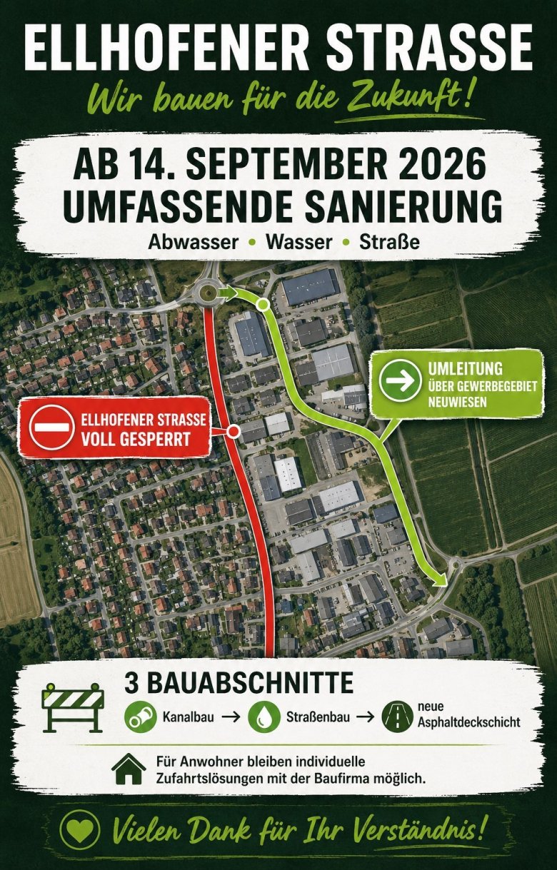 Kartenausschnitt mit eingezeichneter Baustelle und Umleitungsstrecke in Lehrensteinsfeld.