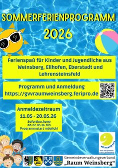 Sommerferienprogramm 2026 Plakat. Anmeldezeitraum  11.05.2026 bis 20.05.2026